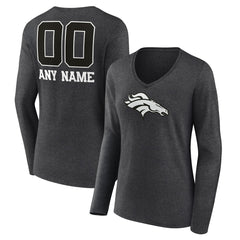 Denver Broncos Women's Personalized Name & Number Monochrome V-neck T-Shirt - Charcoal T-shirts