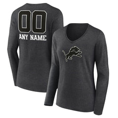 Detroit Lions Women's Personalized Name & Number Monochrome V-neck T-Shirt - Charcoal T-shirts