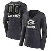 Green Bay Packers Women's Personalized Name & Number Monochrome V-neck T-Shirt - Charcoal T-shirts