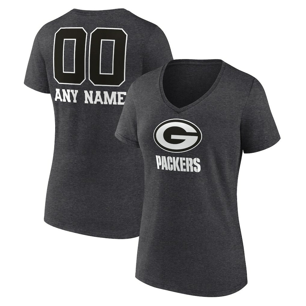Green Bay Packers Women's Personalized Name & Number Monochrome V-Neck Long Sleeve T-Shirt - Charcoal T-shirts