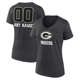 Green Bay Packers Women's Personalized Name & Number Monochrome V-Neck Long Sleeve T-Shirt - Charcoal T-shirts
