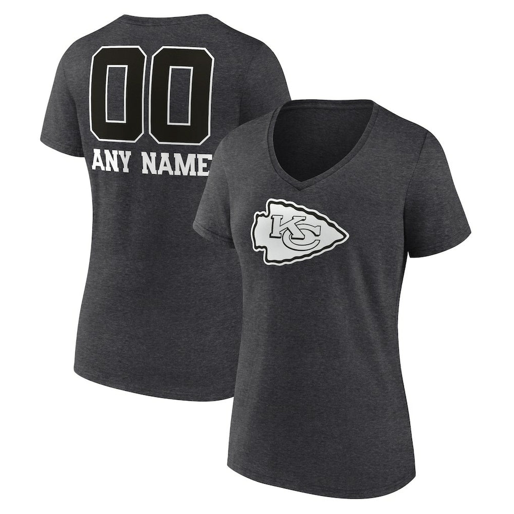 Kansas City Chiefs Women's Personalized Name & Number Monochrome V-Neck Long Sleeve T-Shirt - Charcoal T-shirts