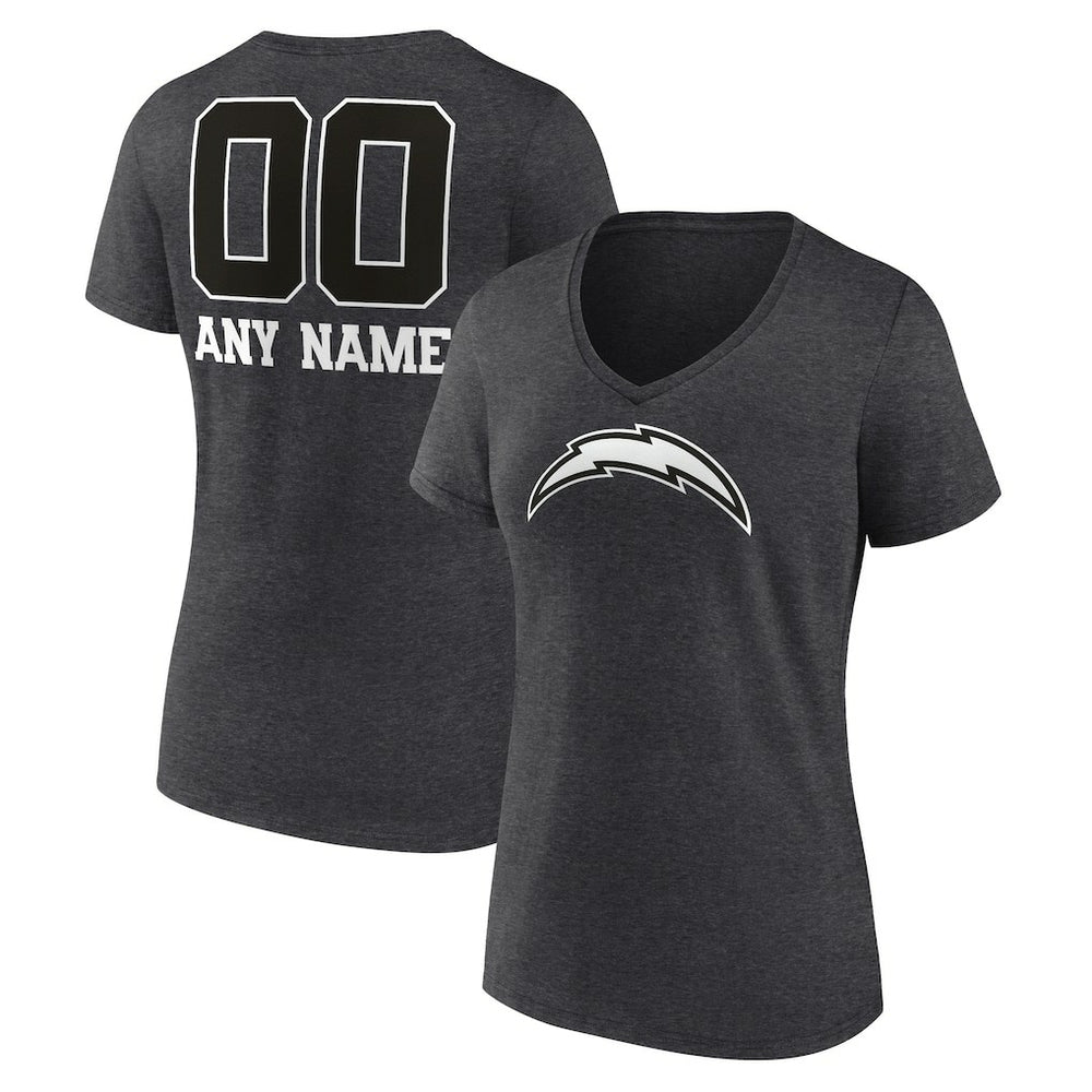 Los Angeles Chargers Women's Personalized Name & Number Monochrome V-Neck Long Sleeve T-Shirt - Charcoal T-shirts