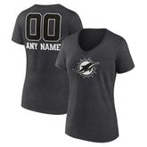 Miami Dolphins Women's Personalized Name & Number Monochrome V-Neck Long Sleeve T-Shirt - Charcoal T-shirts