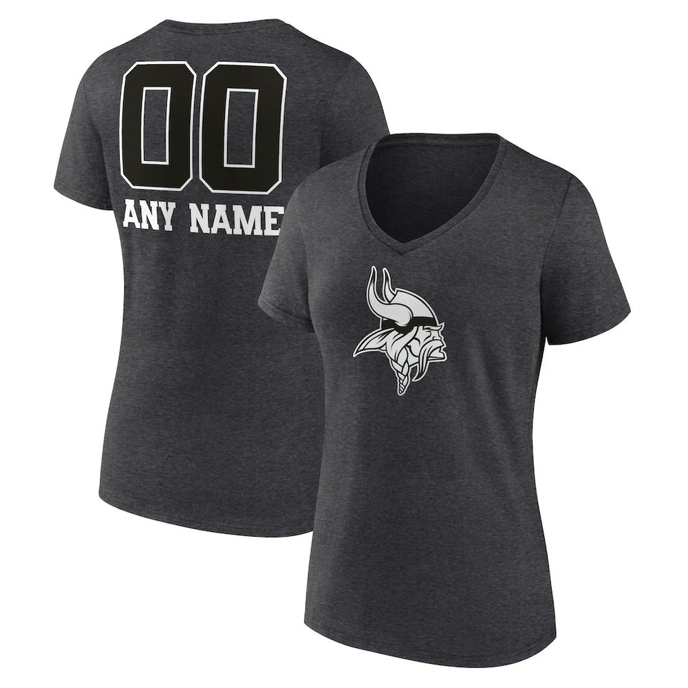 Minnesota Vikings Women's Personalized Name & Number Monochrome V-Neck Long Sleeve T-Shirt - Charcoal T-shirts