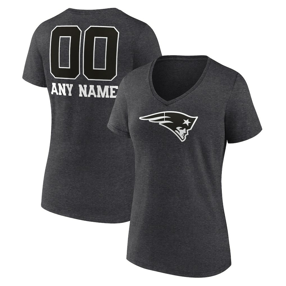 New England Patriots Women's Personalized Name & Number Monochrome V-Neck Long Sleeve T-Shirt - Charcoal T-shirts