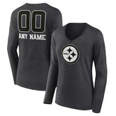 Pittsburgh Steelers Women's Personalized Name & Number Monochrome V-neck T-Shirt - Charcoal T-shirts
