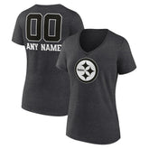 Pittsburgh Steelers Women's Personalized Name & Number Monochrome V-Neck Long Sleeve T-Shirt - Charcoal T-shirts