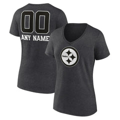 Pittsburgh Steelers Women's Personalized Name & Number Monochrome V-Neck Long Sleeve T-Shirt - Charcoal T-shirts