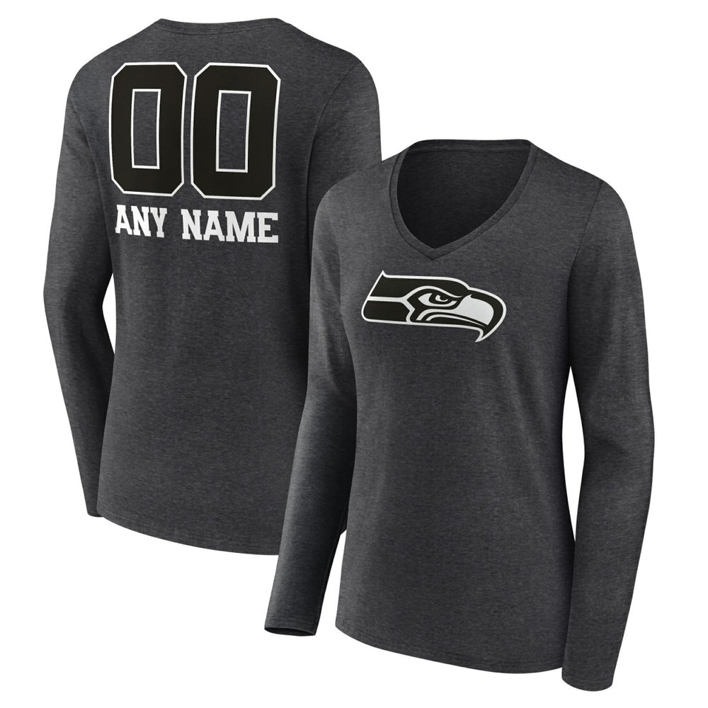 Seattle Seahawks Women's Personalized Name & Number Monochrome V-neck T-Shirt - Charcoal T-shirts