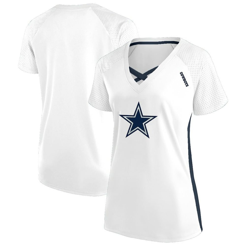 Dallas Cowboys Women's Plus Size Glitter Lace-Up V- Neck T-Shirt - Neck T-Shirt - White T-shirts