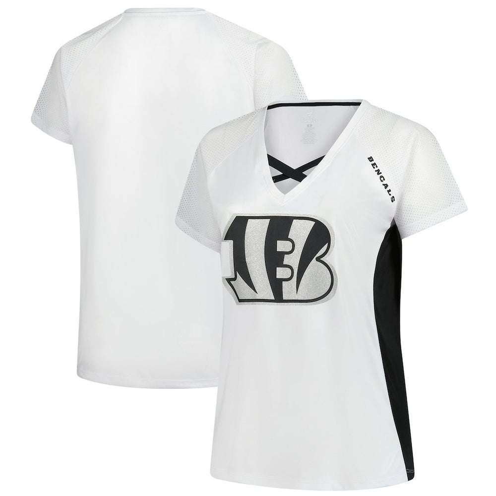 Cincinnati Bengals Women's Plus Size Glitter Lace-Up V- Neck T-Shirt - Neck T-Shirt - White T-shirts