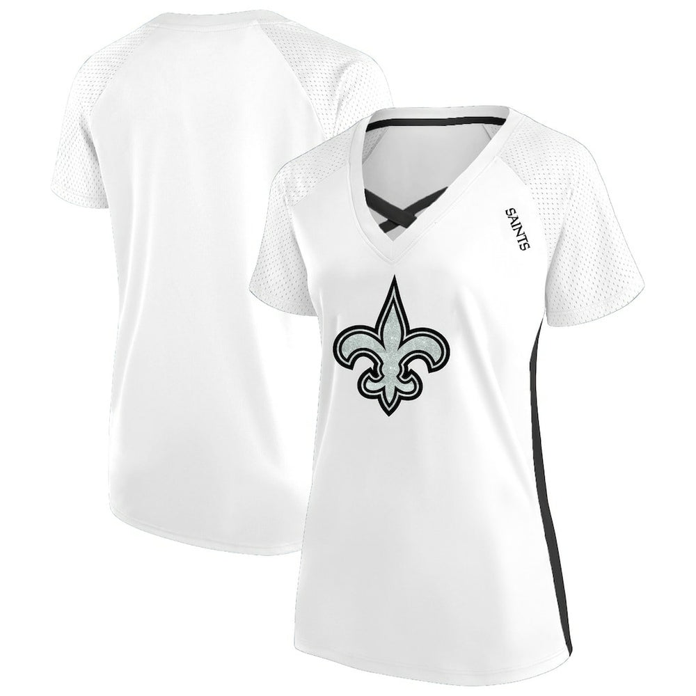 New Orleans Saints Women's Plus Size Glitter Lace-Up V- Neck T-Shirt - Neck T-Shirt - White T-shirts