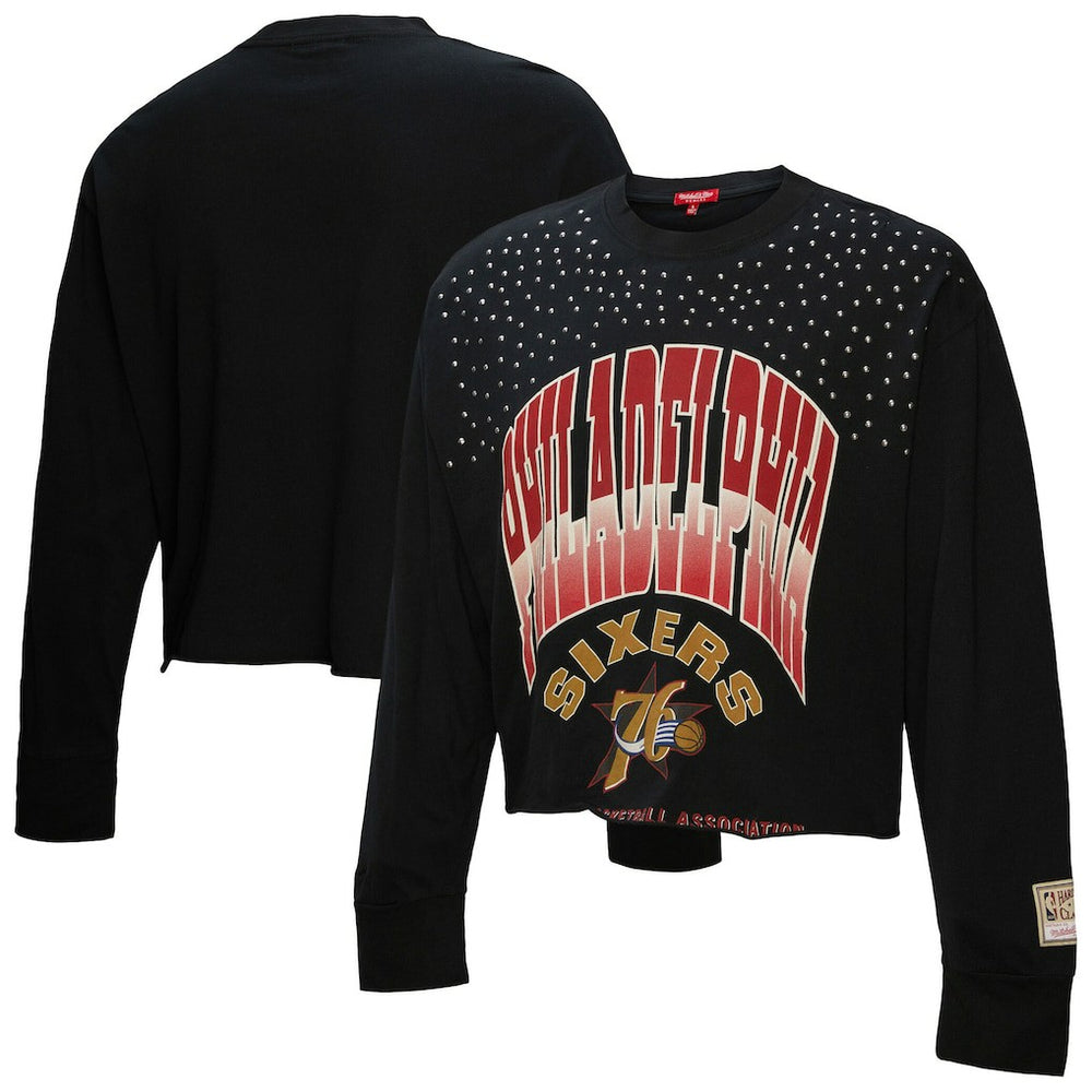 Philadelphia 76ers Women's Hardwood Classics Studded Boxy Cropped Long Sleeve T-Shirt Black - Mitchell & Ness