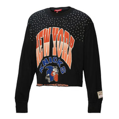 New York Knicks Women's Hardwood Classics Studded Boxy Cropped Long Sleeve T-Shirt Black - Mitchell & Ness