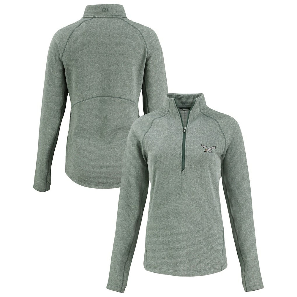 Philadelphia Eagles Cutter & Buck Women's Peshastin Eco Fleece Recycled Tri-Blend Raglan Half-Zip Jacket - Heather Kelly Green Jackets