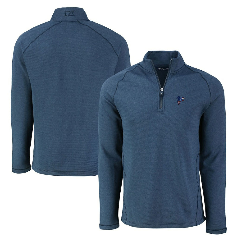 Atlanta Falcons Cutter & Buck Peshastin Eco Fleece Tri-Blend Raglan Recycled Quarter-Zip Jacket - Heather Navy Jackets
