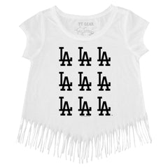 Los Angeles Dodgers Tiny Turnip Girls Youth Logo Grid Fringe T-Shirt - White T-shirts