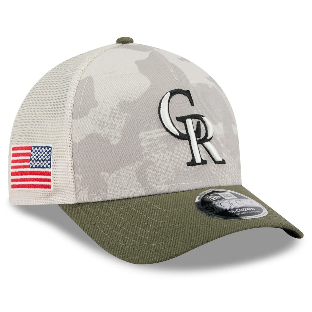 Colorado Rockies New Era 2025 Armed Forces Day 9FORTY M-Crown A-Frame Adjustable Hat - Light Beige/Olive Hats