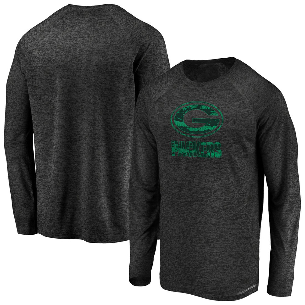 Green Bay Packers Iconic Striated Dark Logo Raglan Long Sleeve T-Shirt - Black T-shirts
