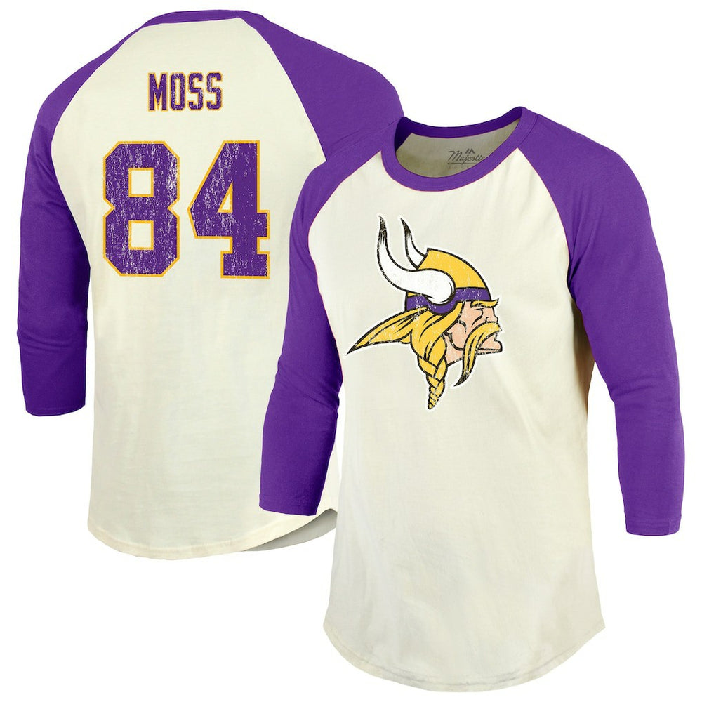 Randy Moss Minnesota Vikings Majestic Threads Retired Player Name & Number 3/4 Raglan Sleeve T-Shirt - Cream/Purple T-shirts