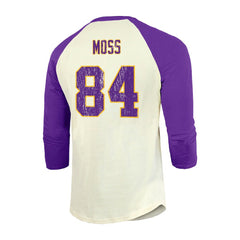 Randy Moss Minnesota Vikings Majestic Threads Retired Player Name & Number 3/4 Raglan Sleeve T-Shirt - Cream/Purple T-shirts