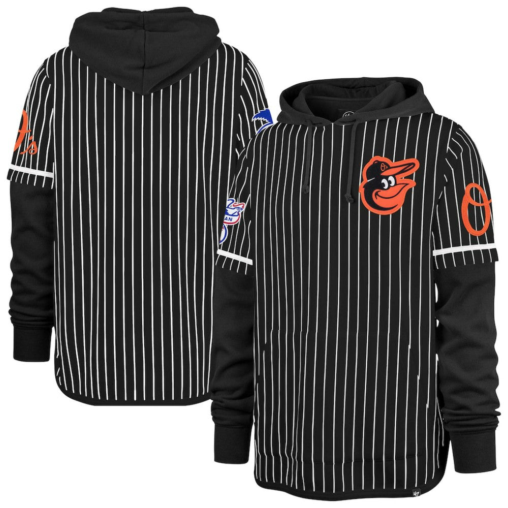 Baltimore Orioles '47 Pinstripe Double Header Pullover Hoodie - Black Hoodies