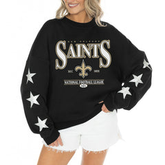 New Orleans Saints Gameday Couture Women's Rhinestone Star Sleeve Settle the Score Oversized Tri-Blend Pullover - Black Pullover