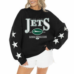New York Jets Gameday Couture Women's Rhinestone Star Sleeve Settle the Score Oversized Tri-Blend Pullover - Black Pullover