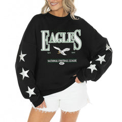 Philadelphia Eagles Gameday Couture Women's Rhinestone Star Sleeve Settle the Score Oversized Tri-Blend Pullover - Black Pullover