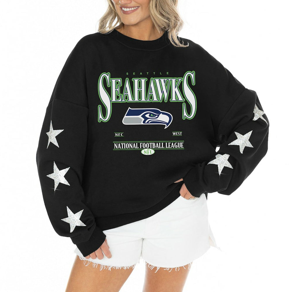Seattle Seahawks Gameday Couture Women's Rhinestone Star Sleeve Settle the Score Oversized Tri-Blend Pullover - Black Pullover