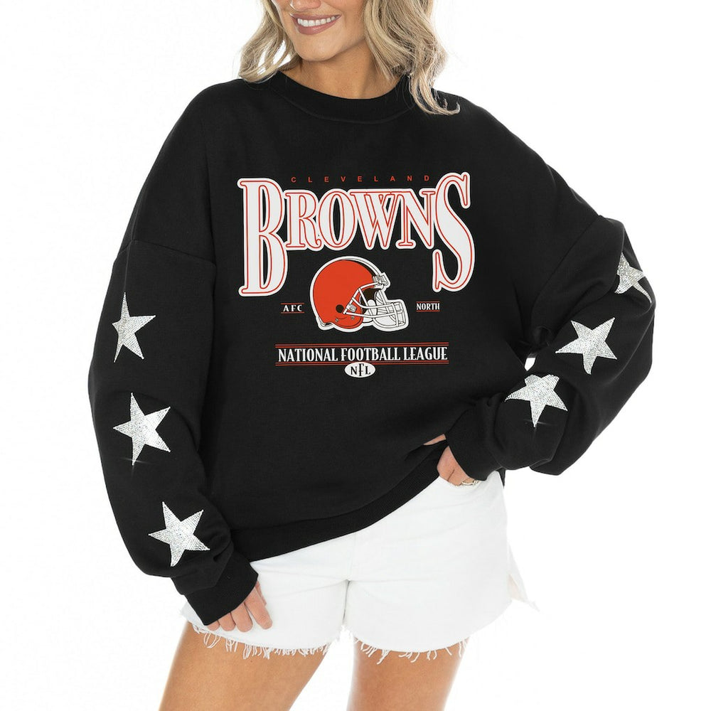 Cleveland Browns Gameday Couture Women's Rhinestone Star Sleeve Settle the Score Oversized Tri-Blend Pullover - Black Pullover
