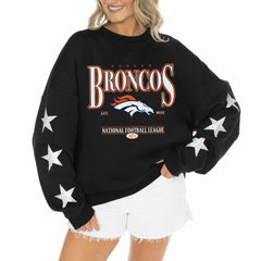 Denver Broncos Gameday Couture Women's Rhinestone Star Sleeve Settle the Score Oversized Tri-Blend Pullover - Black Pullover
