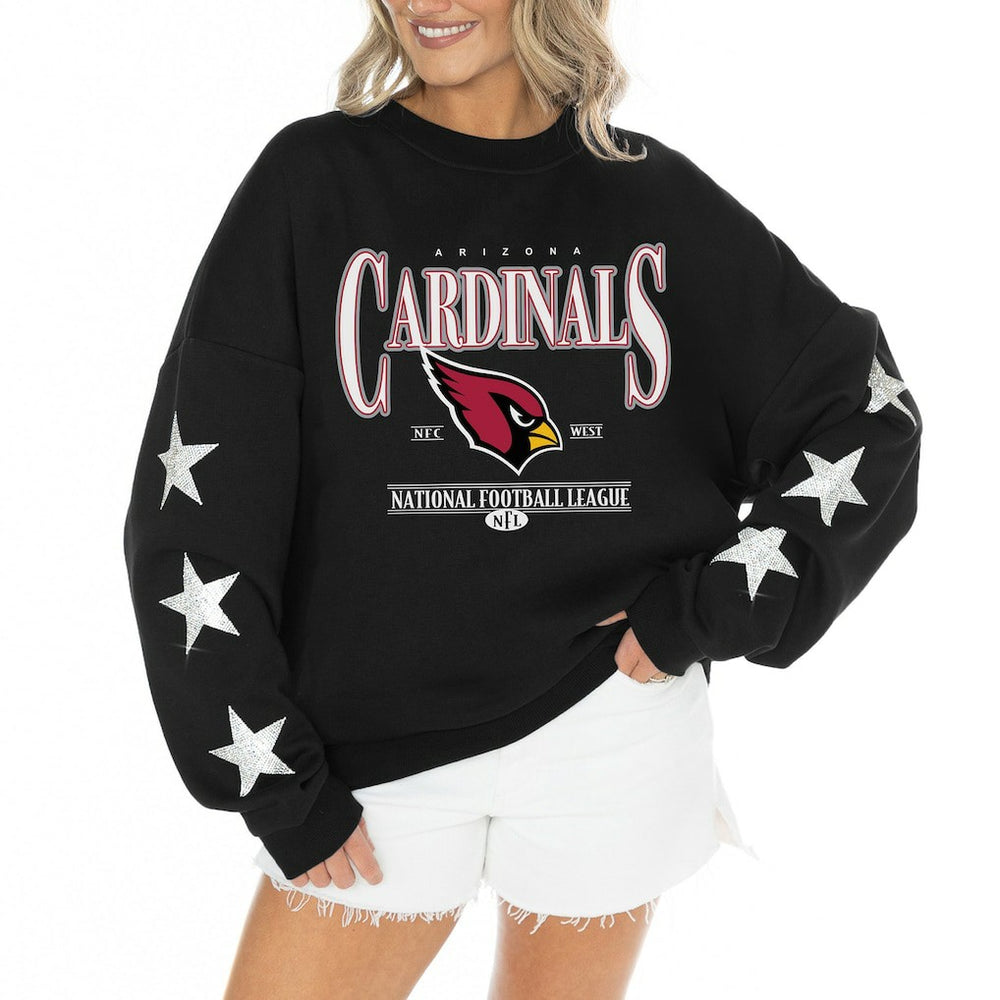 Arizona Cardinals Gameday Couture Women's Rhinestone Star Sleeve Settle the Score Oversized Tri-Blend Pullover - Black Pullover