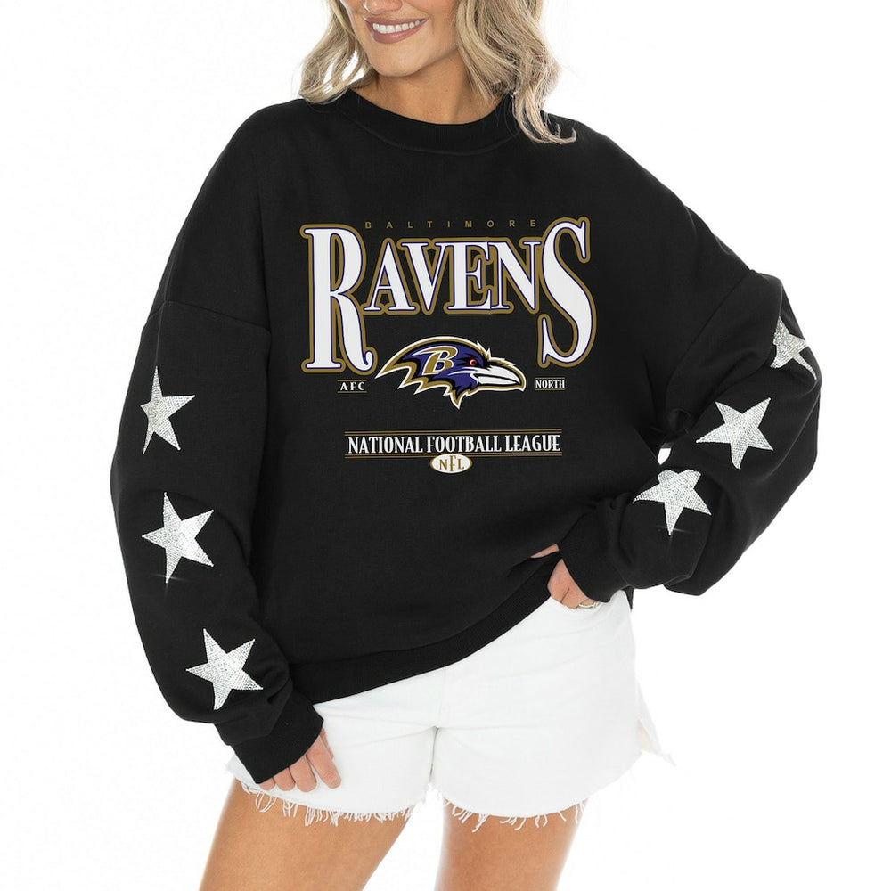 Baltimore Ravens Gameday Couture Women's Rhinestone Star Sleeve Settle the Score Oversized Tri-Blend Pullover - Black Pullover