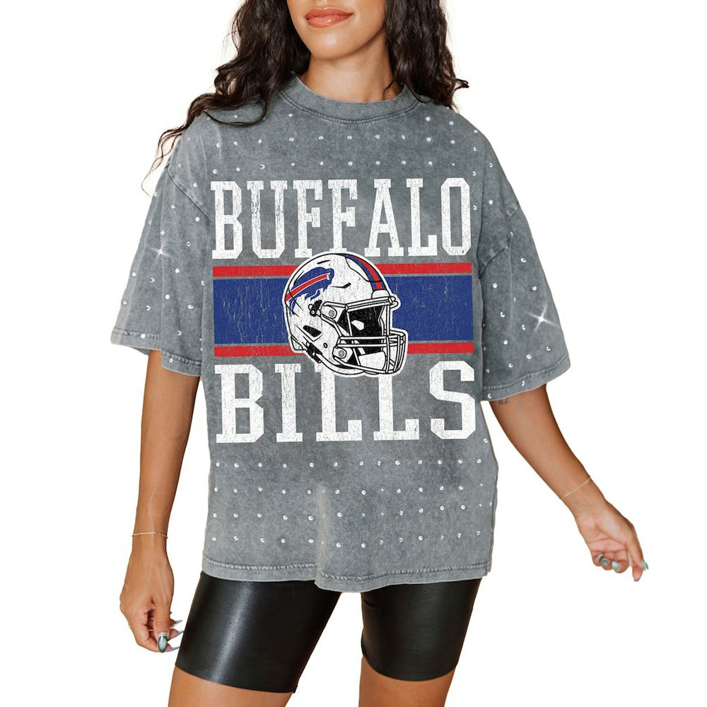 Buffalo Bills Gameday Couture Women's Oversized Mini Rhinestone Classic T-Shirt - Gray T-shirts