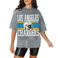 Los Angeles Chargers Gameday Couture Women's Oversized Mini Rhinestone Classic T-Shirt - Gray T-shirts