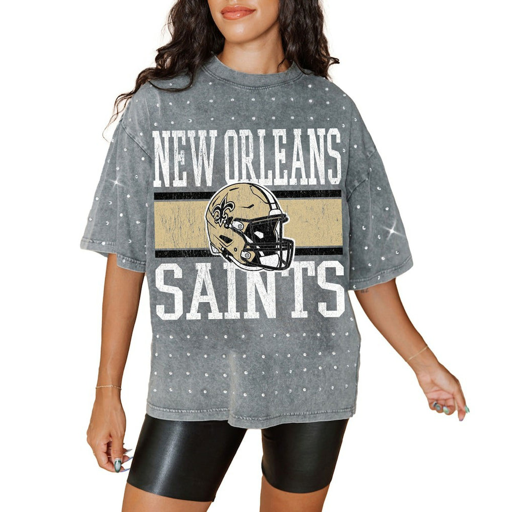 New Orleans Saints Gameday Couture Women's Oversized Mini Rhinestone Classic T-Shirt - Gray T-shirts