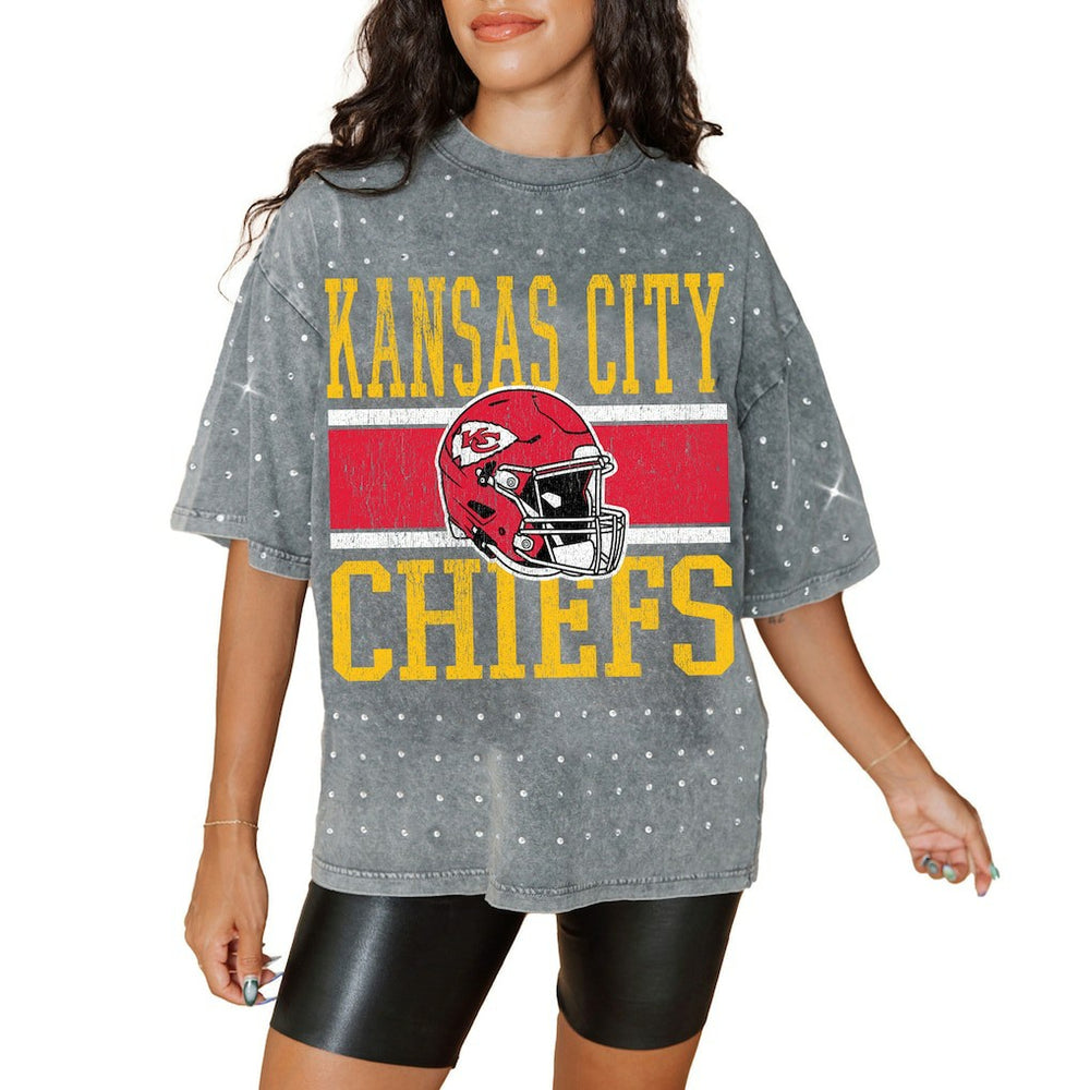 Kansas City Chiefs Gameday Couture Women's Oversized Mini Rhinestone Classic T-Shirt - Gray T-shirts