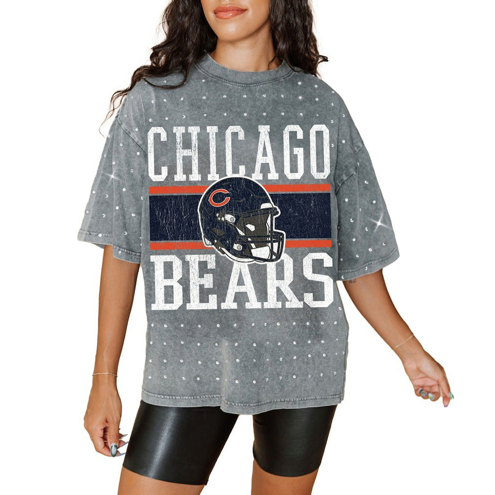 Chicago Bears Gameday Couture Women's Oversized Mini Rhinestone Classic T-Shirt - Gray T-shirts