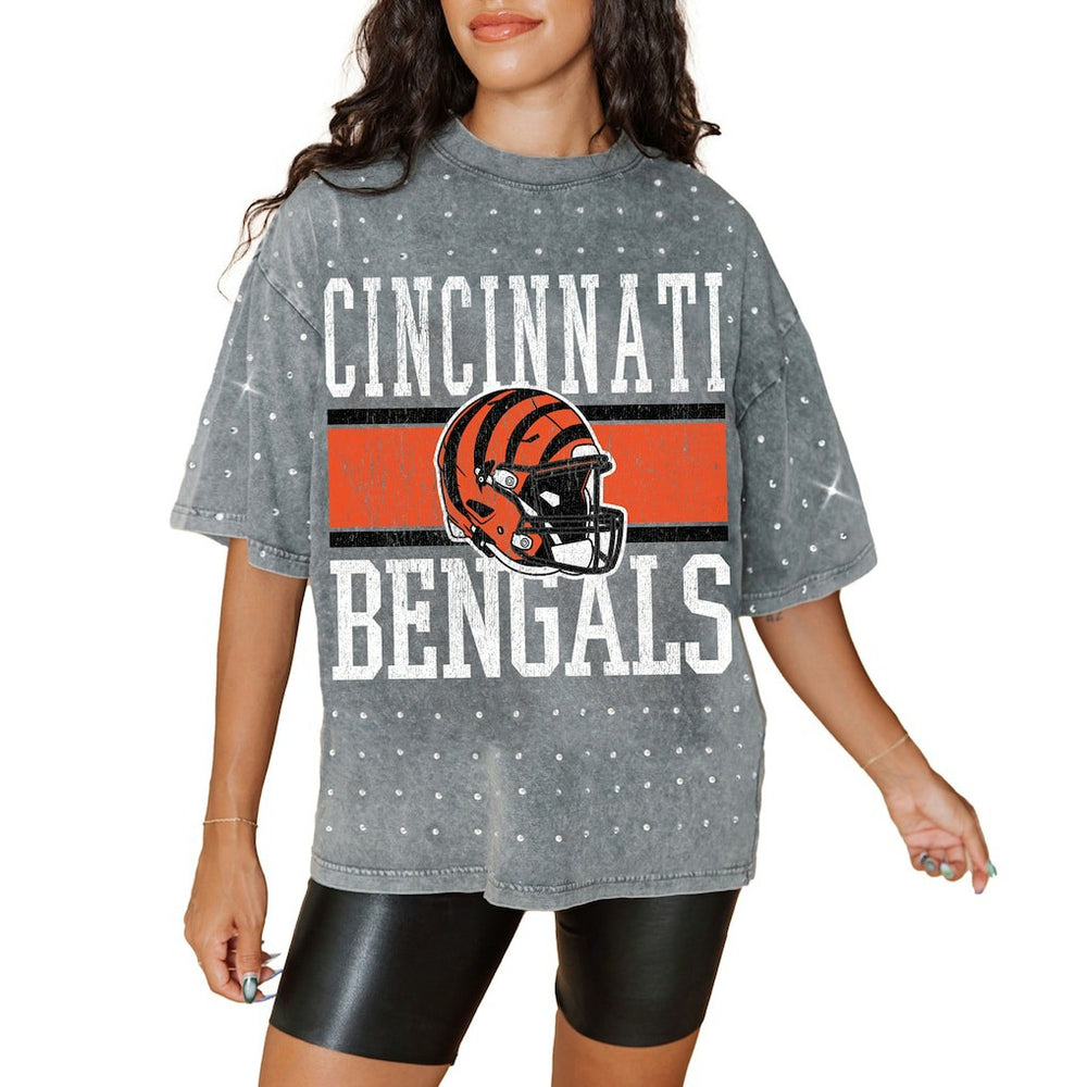 Cincinnati Bengals Gameday Couture Women's Oversized Mini Rhinestone Classic T-Shirt - Gray T-shirts