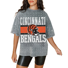 Cincinnati Bengals Gameday Couture Women's Oversized Mini Rhinestone Classic T-Shirt - Gray T-shirts