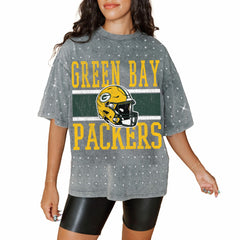 Green Bay Packers Gameday Couture Women's Oversized Mini Rhinestone Classic T-Shirt - Gray T-shirts
