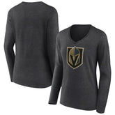 Vegas Golden Knights Women's Primary Logo Long Sleeve V-Neck T-Shirt - Charcoal | US 202183359