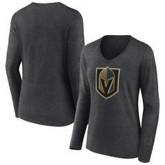 Vegas Golden Knights Women's Primary Logo Long Sleeve V-Neck T-Shirt - Charcoal | US 202183359