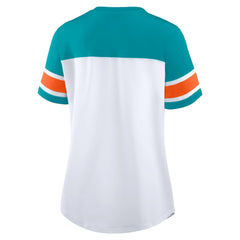 Miami Dolphins Women's Athena Rhinestone Lace-Up V-Neck T-Shirt - White/Aqua T-shirts