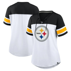 Pittsburgh Steelers Women's Athena Rhinestone Lace-Up V-Neck T-Shirt - White/Black T-shirts