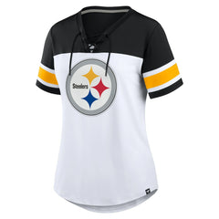 Pittsburgh Steelers Women's Athena Rhinestone Lace-Up V-Neck T-Shirt - White/Black T-shirts