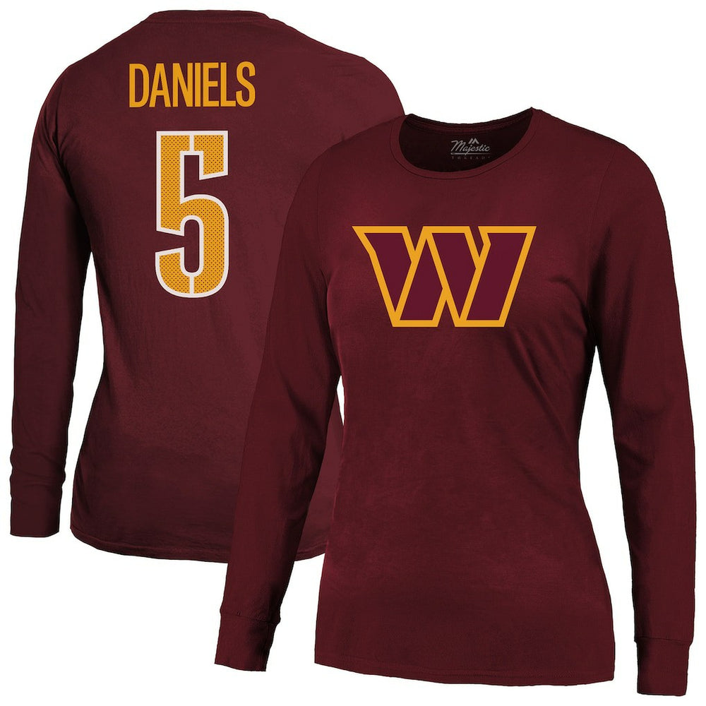Jayden Daniels Washington Commanders Majestic Threads Women's Player Name & Number Long Sleeve T-Shirt - Burgundy T-shirts