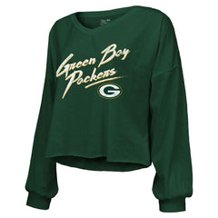 Jordan Love Green Bay Packers Majestic Threads Women's Name & Number Off-Shoulder Script Cropped Long Sleeve Relaxed V-Neck T-Shirt - Green T-shirts